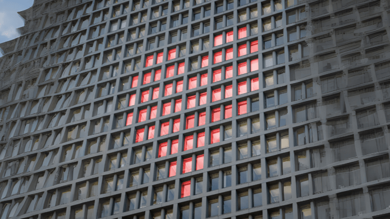 A corporate building with heart shaped lights, representing workplace romance and its dangers.